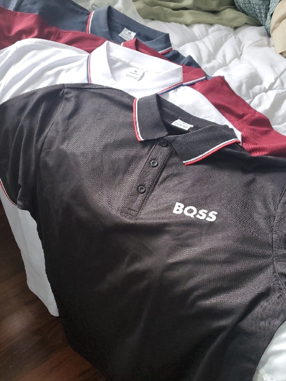 BQSS European Style Black, Burgundy, White And Blue Polo with Red-Trim Collar - Picture 3 of 9